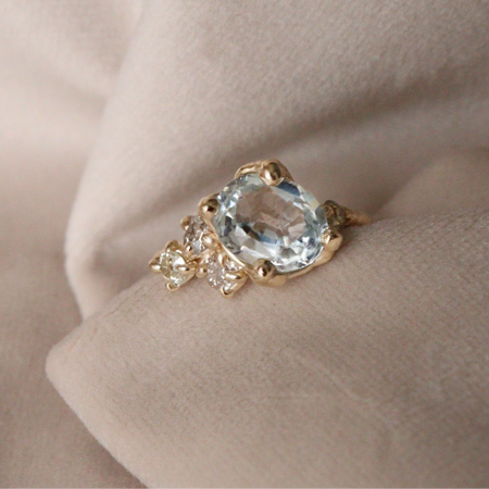 Aquamarine and antique diamond engagement ring