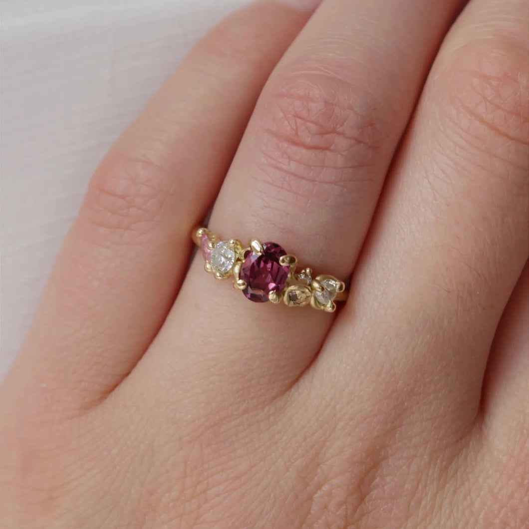 Pink Garnet and diamond cluster engagement ring