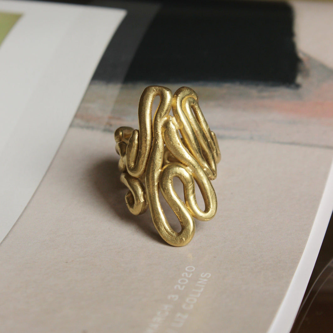 The one-of-a-kind Medusa ring has been handcrafted in brass, detailing fingerprints and intricate twists and turns. Inspired by Medusa, the figure from Greek mythology and acting as a symbol to ward off evil and negativity.